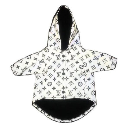 White reflective dog windbreaker with V monogram print on white background front view