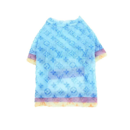Blue monogram sheer mesh dog tee with rainbow sleeves Louis Vuitton inspired on white background