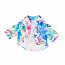 Watercolor monogram dog shirt with blue pink green LV pattern on white background