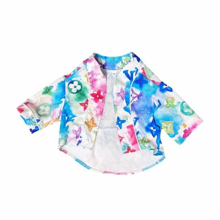 Watercolor monogram dog shirt with blue pink green LV pattern on white background