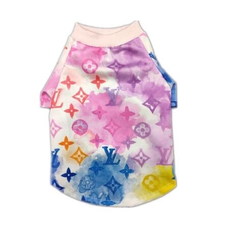 Multicolor watercolor monogram dog tee Louis Vuitton inspired with V logos and quatrefoil print