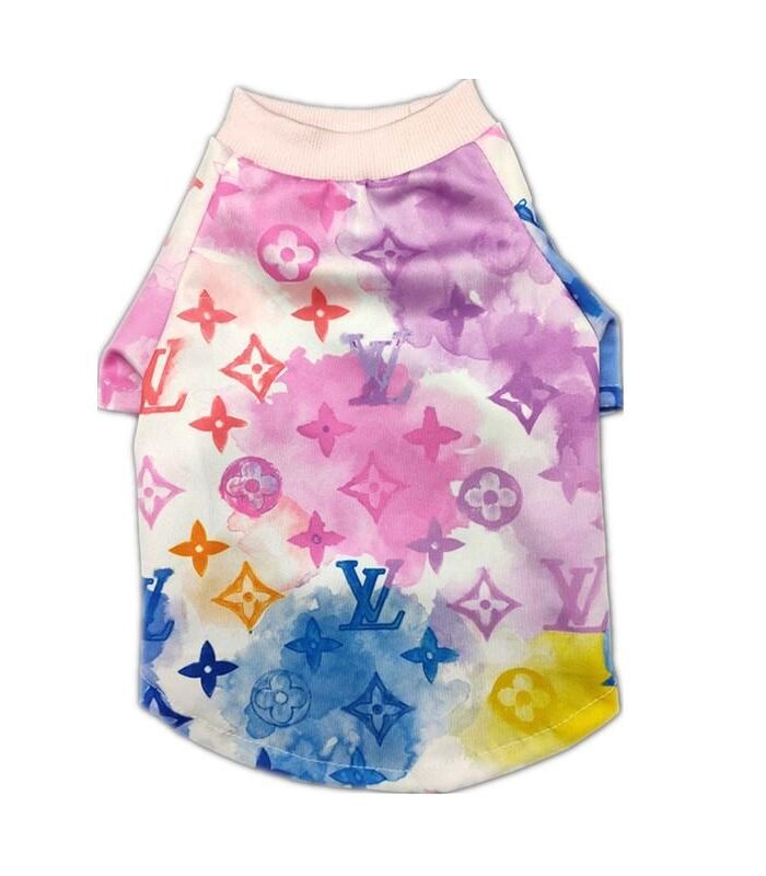 Multicolor watercolor monogram dog tee Louis Vuitton inspired with V logos and quatrefoil print