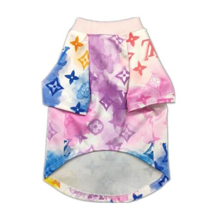 Back view watercolor monogram dog tee showing tie-dye effect with V logo pattern