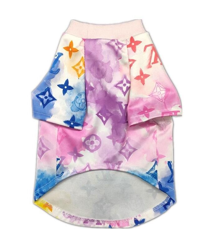 Back view watercolor monogram dog tee showing tie-dye effect with V logo pattern
