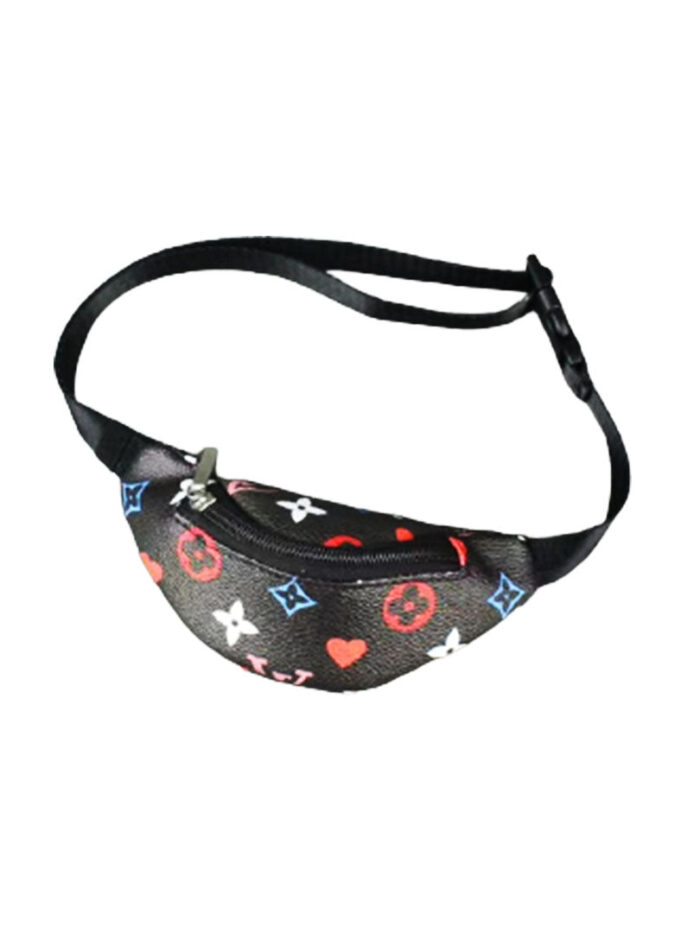 Black monogram dog fanny pack with heart and star pattern Louis Vuitton style