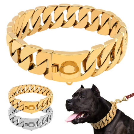 Gold Cuban link chain dog collar with 30mm links and secure clasp closure
