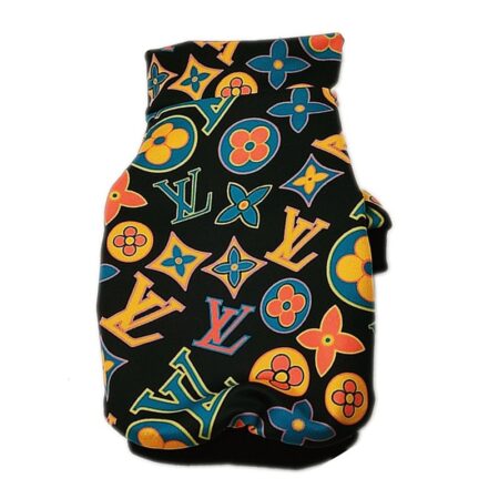 Back view of multicolor monogram dog jacket showing yellow teal coral V pattern