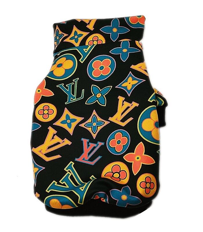 Back view of multicolor monogram dog jacket showing yellow teal coral V pattern
