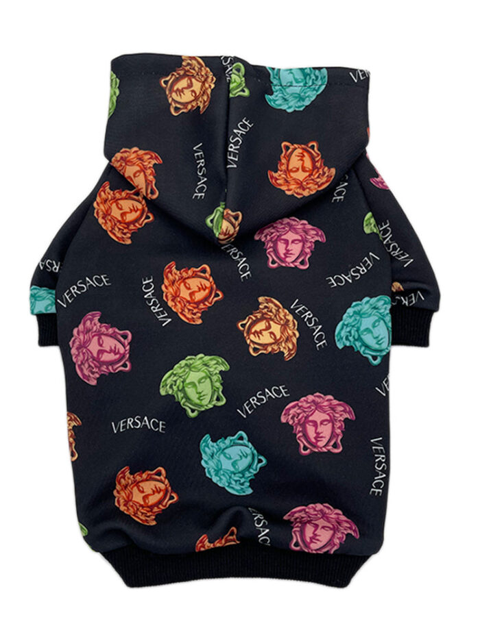 Black dog hoodie with colorful Versace medusa heads and logo print on white background