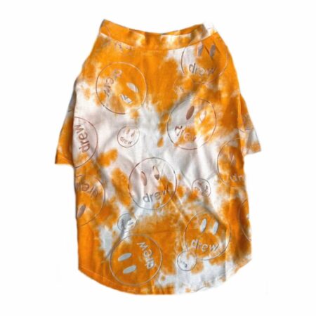 Blue and white tie dye dog tee with Drew smiley face logos scattered across fabric