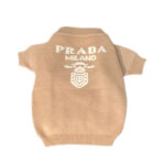 Khaki knit dog sweater with Pawda Milano branding on back panel