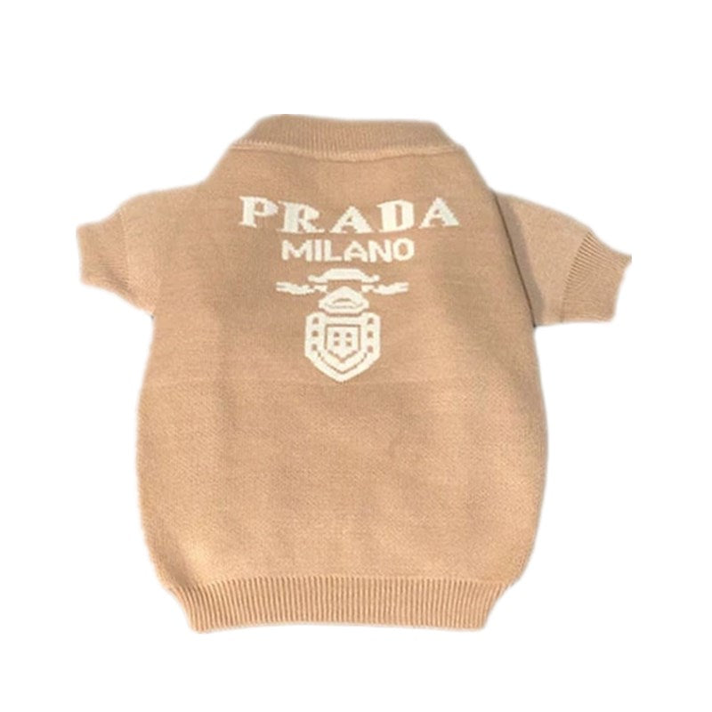 Khaki knit dog sweater with Pawda Milano branding on back panel