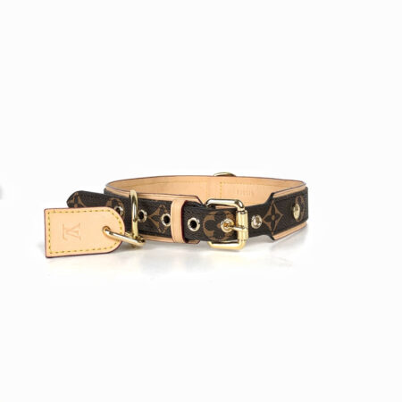 Brown monogram dog collar with tan leather trim Louis Vuitton style gold buckle
