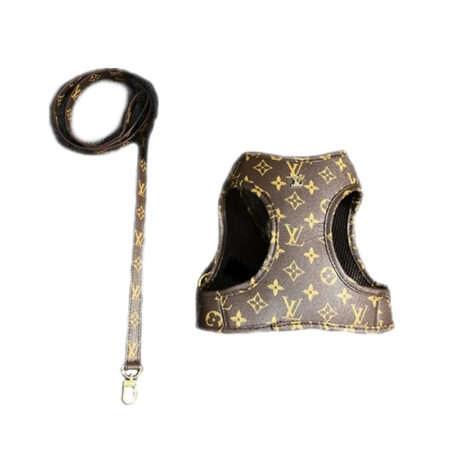 Brown monogram dog harness with matching leash Louis Vuitton inspired design