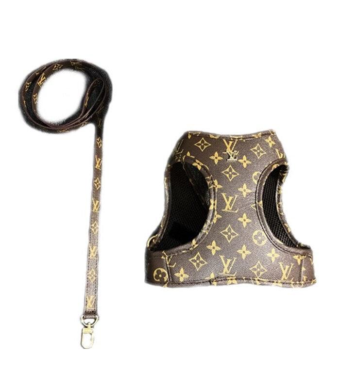 Brown monogram dog harness with matching leash Louis Vuitton inspired design