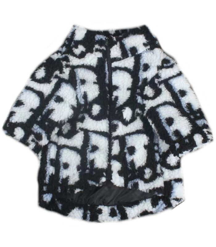 Black fleece dog jacket with Dogior oblique monogram print Dior inspired front view