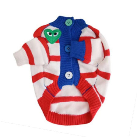Red and white striped dog cardigan with green heart logo and blue button placket