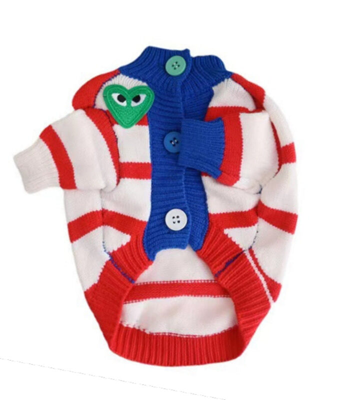 Red and white striped dog cardigan with green heart logo and blue button placket
