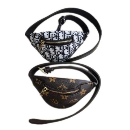 Two designer monogram dog bum bags with oblique and V-print patterns on white background