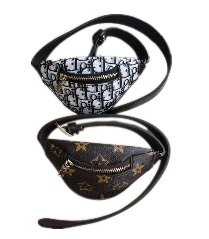 Two designer monogram dog bum bags with oblique and V-print patterns on white background