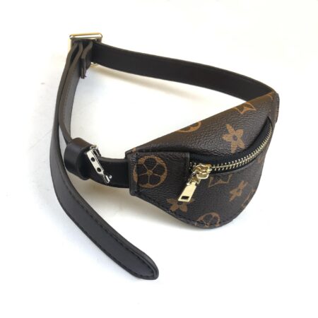 Brown monogram dog fanny pack with gold zipper and adjustable black strap