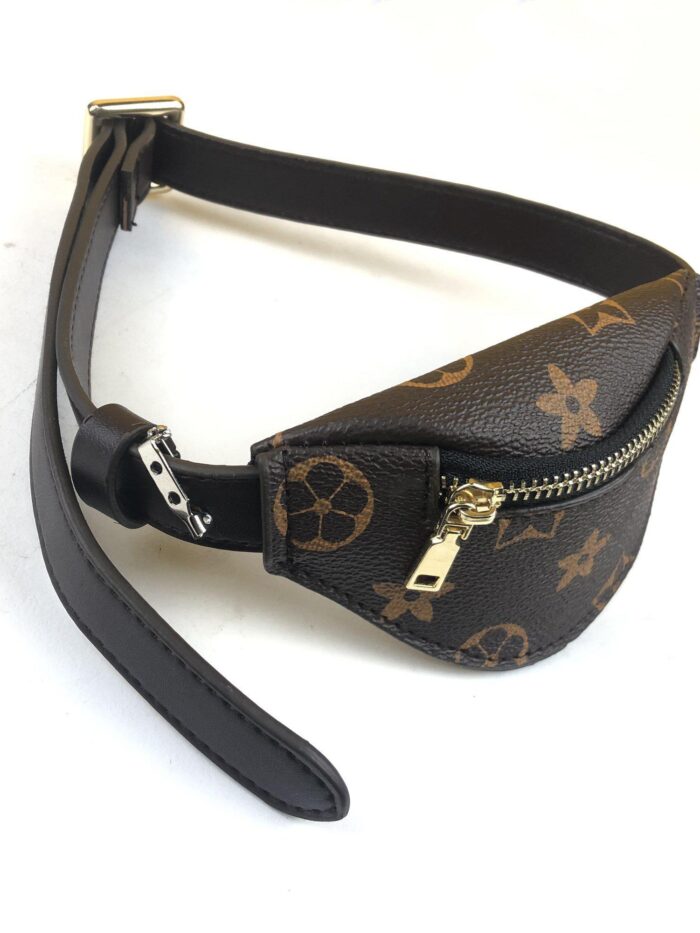 Brown monogram dog fanny pack with gold zipper and adjustable black strap