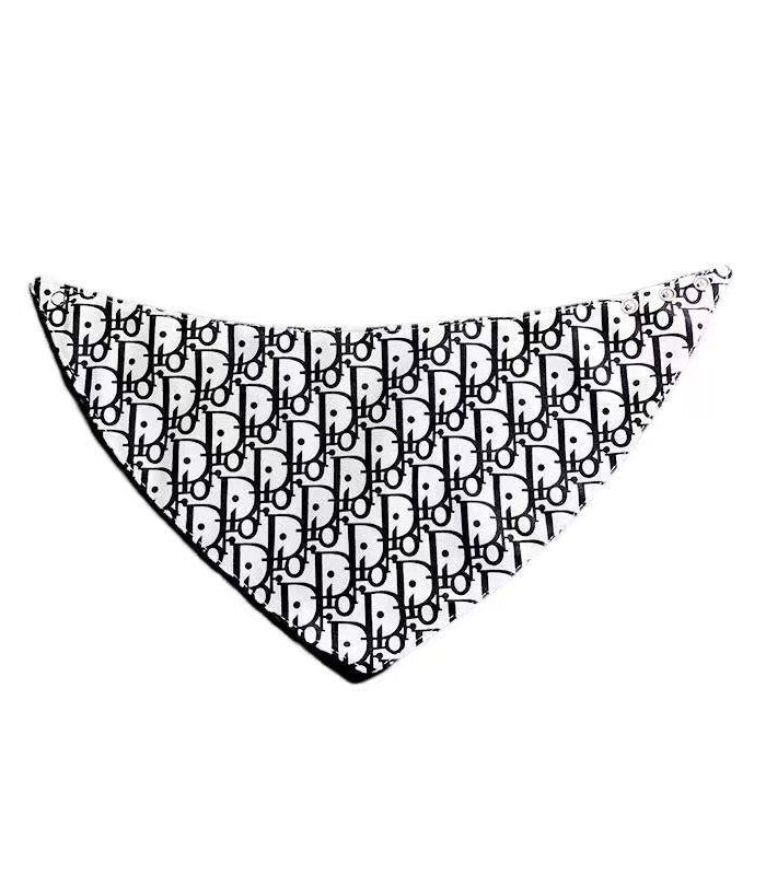 Black and white oblique monogram dog bandana with Dogior logo pattern in triangular shape