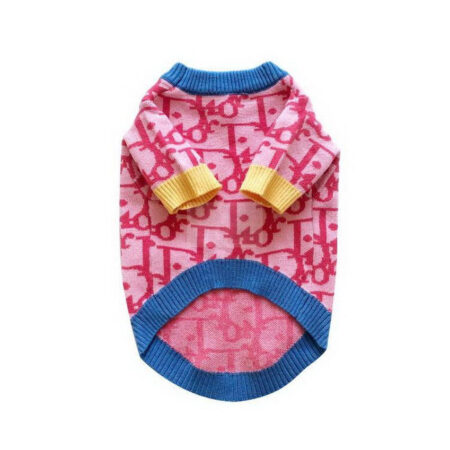 Pink Dogior monogram dog sweater with blue collar and yellow cuffs on white background