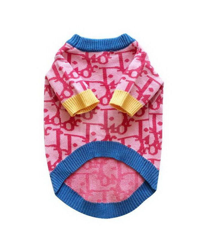 Pink Dogior monogram dog sweater with blue collar and yellow cuffs on white background
