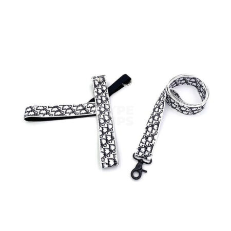 White dog harness and leash set with Dogior oblique monogram pattern and black hardware