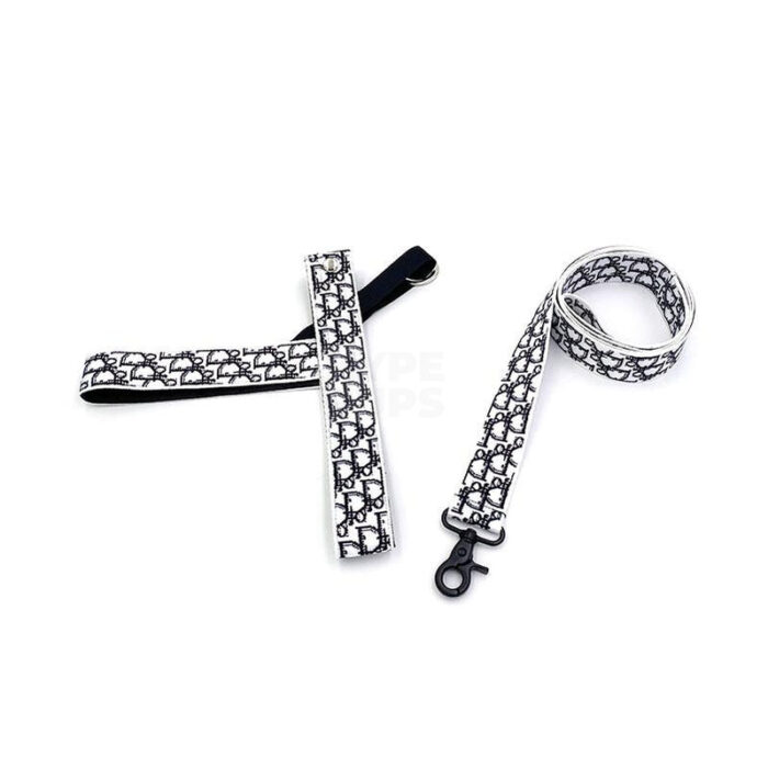 White dog harness and leash set with Dogior oblique monogram pattern and black hardware