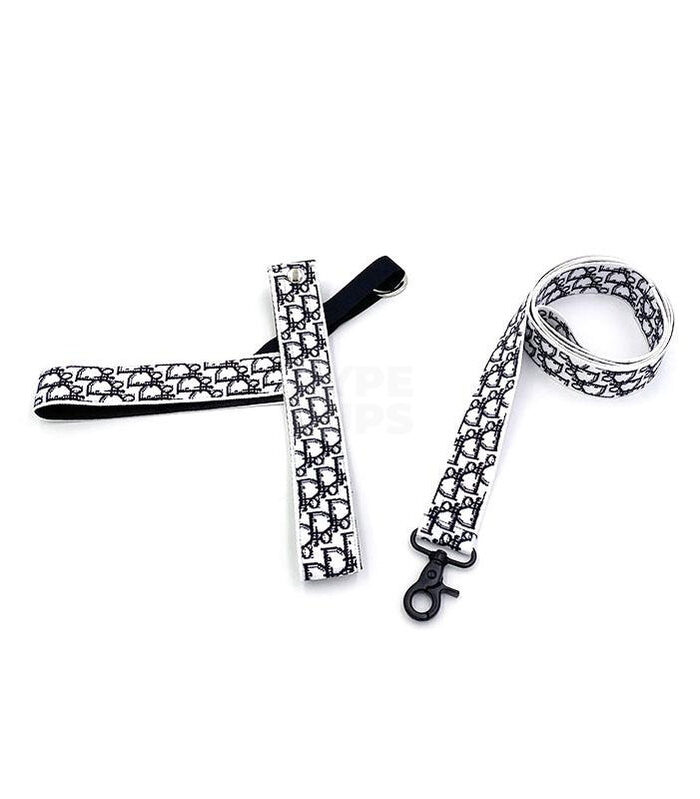 White dog harness and leash set with Dogior oblique monogram pattern and black hardware