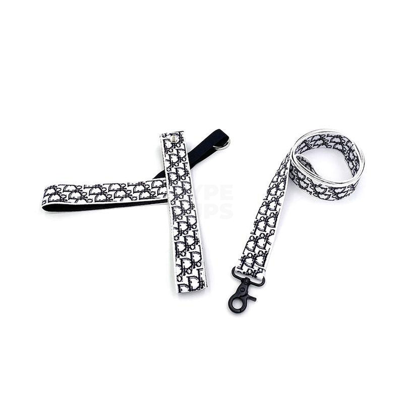 White dog harness and leash set with Dogior oblique monogram pattern and black hardware