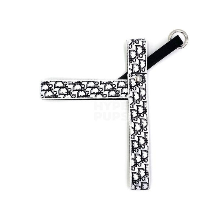 Dogior oblique pattern dog collar and leash with interlocking monogram design on white fabric