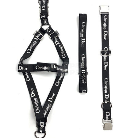 Black nylon dog harness and collar set with white Dogior branding inspired by Dior on white background