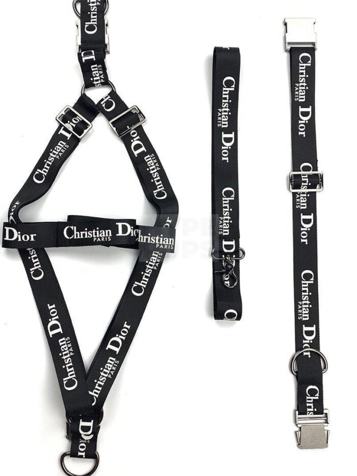 Black nylon dog harness and collar set with white Dogior branding inspired by Dior on white background