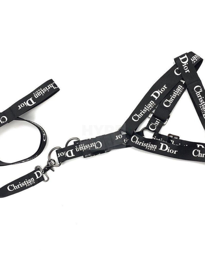 Dog harness and leash set with allover Dogior text branding in black nylon webbing