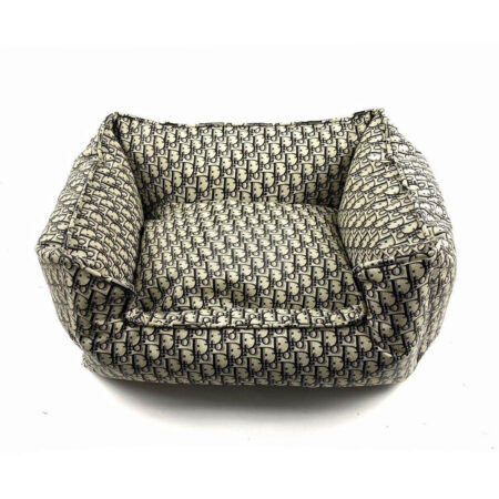 Beige and navy monogram dog bed with Dior oblique pattern and plush walls