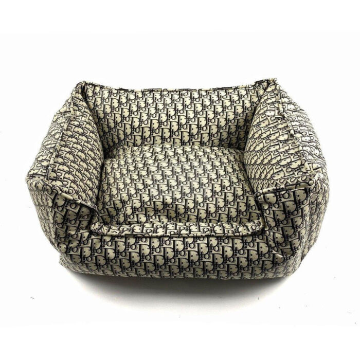 Beige and navy monogram dog bed with Dior oblique pattern and plush walls