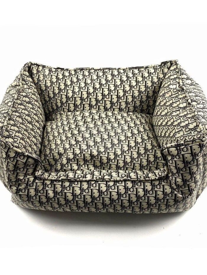 Beige and navy monogram dog bed with Dior oblique pattern and plush walls