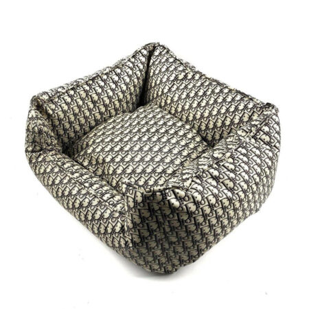 Square luxury dog bed with removable cushion showing Dior inspired oblique monogram print