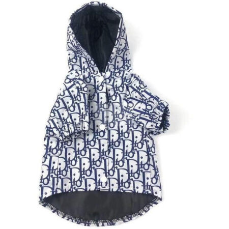 Navy monogram dog windbreaker with button closure and hood viewed from front