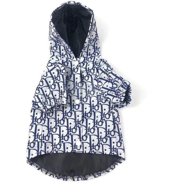 Navy monogram dog windbreaker with button closure and hood viewed from front