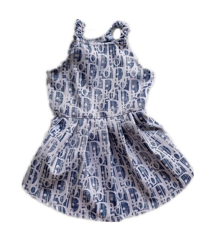 Blue and white oblique monogram dog dress with ruffle straps Dior inspired