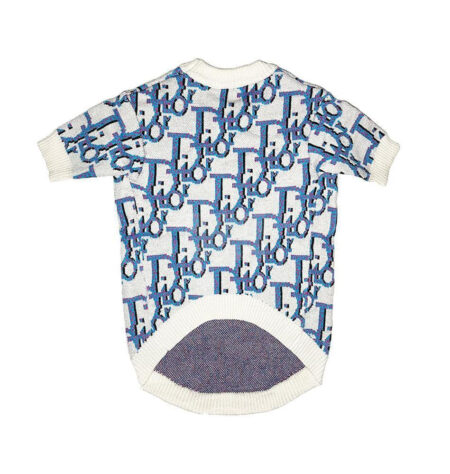 Blue and white oblique monogram dog sweater Dior inspired with cream ribbed collar flat lay