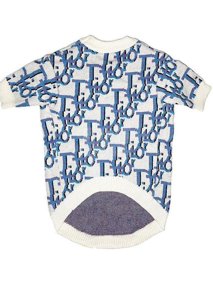 Blue and white oblique monogram dog sweater Dior inspired with cream ribbed collar flat lay