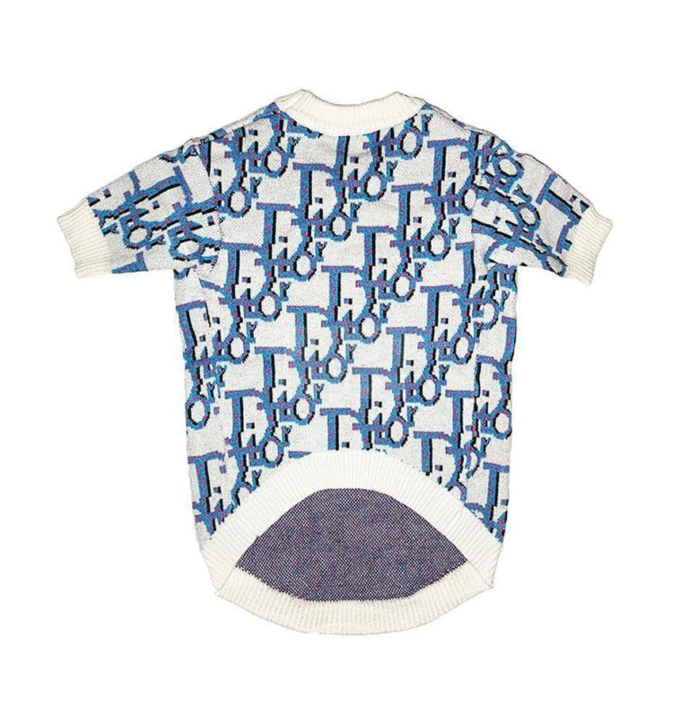Blue and white oblique monogram dog sweater Dior inspired with cream ribbed collar flat lay