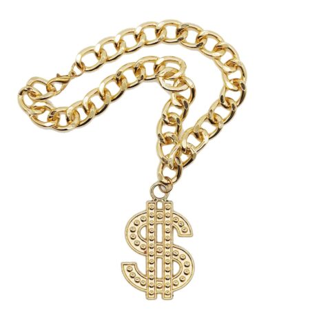Gold chain necklace with dollar sign pendant on white background