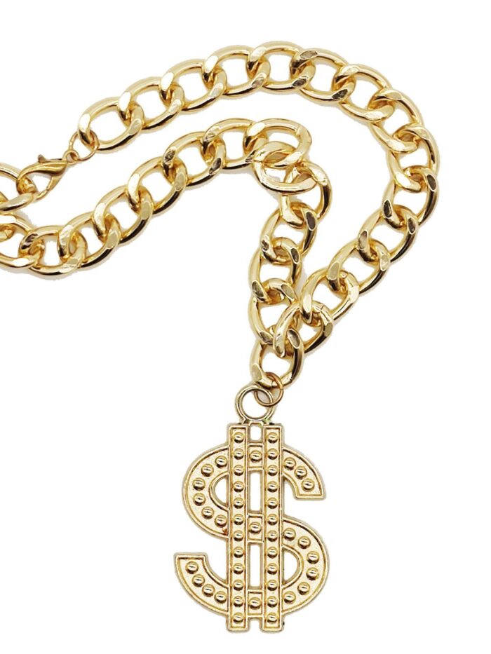 Gold chain necklace with dollar sign pendant on white background