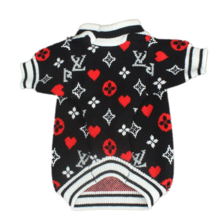 Black knit dog sweater with white V monogram and red hearts Louis Vuitton inspired